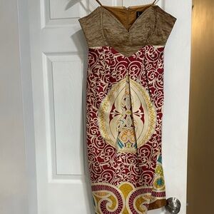 Nicole Miller Red and Brown Patterned Midi Dress